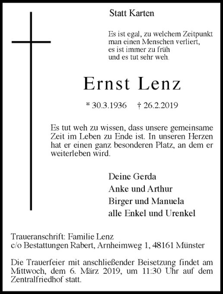  Traueranzeige für Ernst Lenz vom 02.03.2019 aus Westfälische Nachrichten
