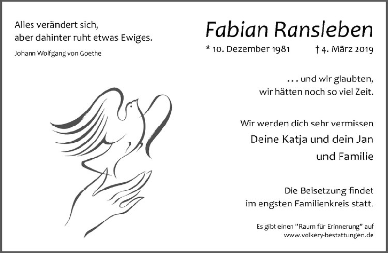  Traueranzeige für Fabian Ransleben vom 12.03.2019 aus Westfälische Nachrichten