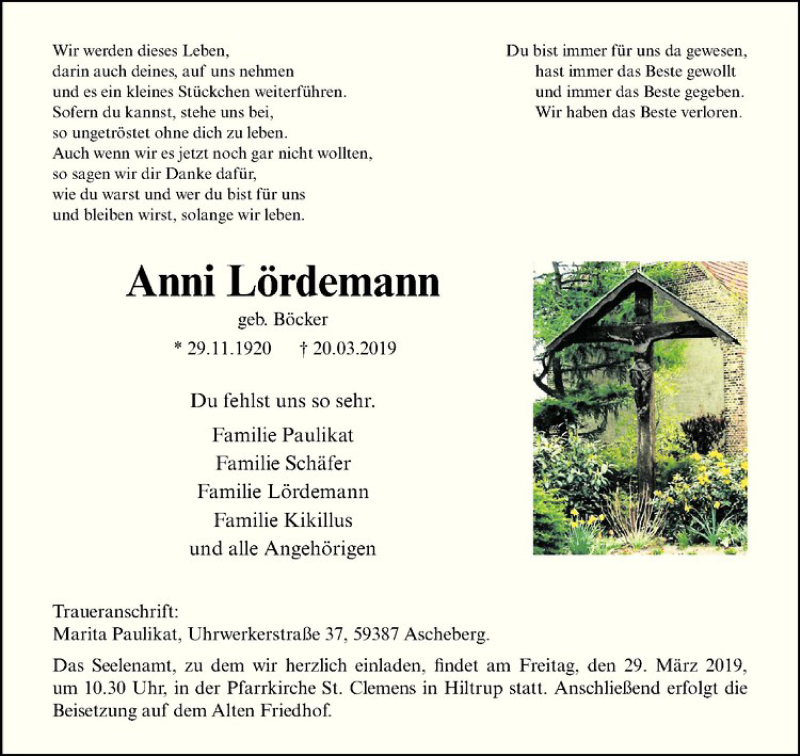  Traueranzeige für Anni Lördemann vom 23.03.2019 aus Westfälische Nachrichten