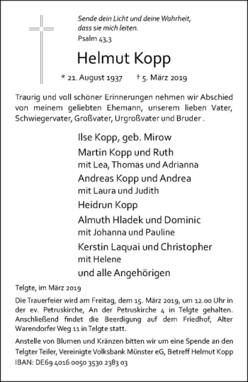 Anzeige von Helmut Kopp von Westfälische Nachrichten