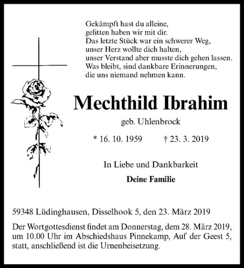  Traueranzeige für Mechthild Ibrahim vom 26.03.2019 aus Westfälische Nachrichten