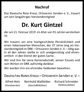 Anzeige von Kurt Gintzel von Westfälische Nachrichten