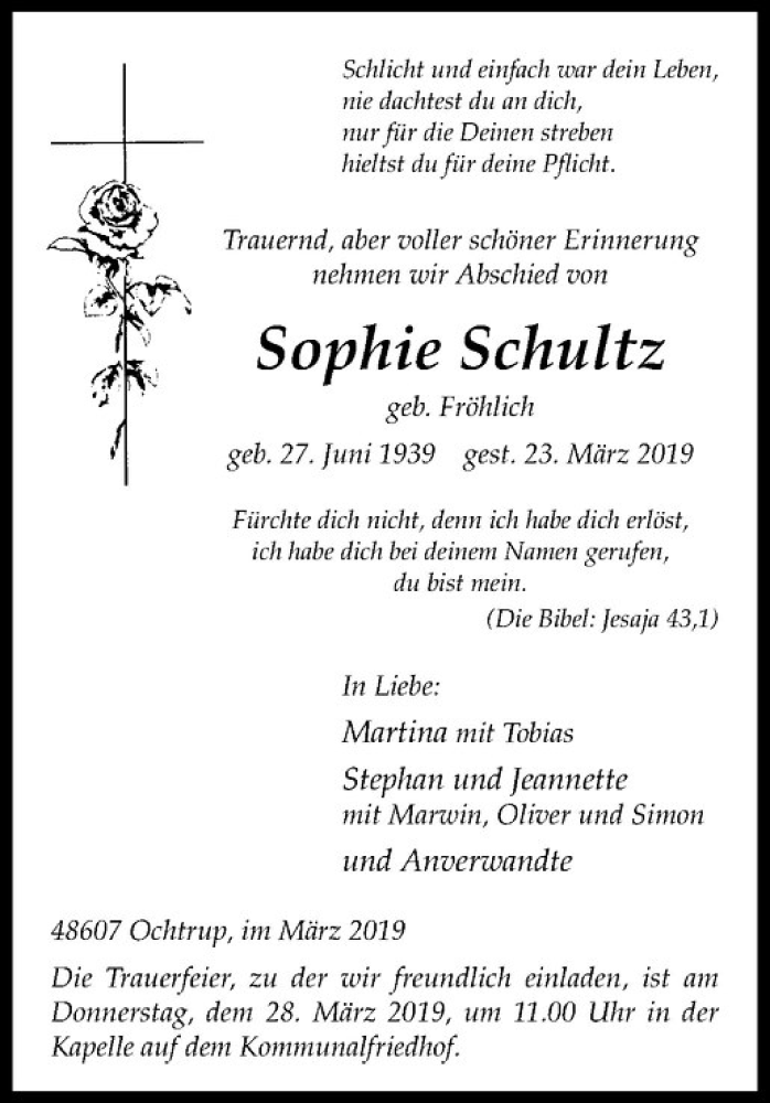  Traueranzeige für Sophie Schultz vom 26.03.2019 aus Westfälische Nachrichten