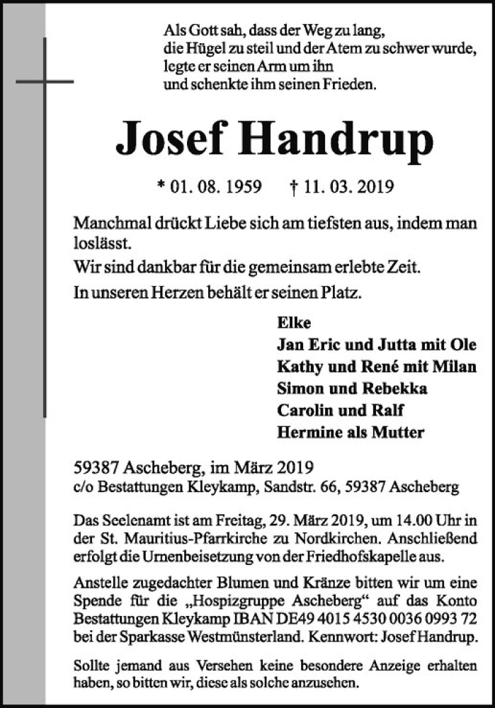  Traueranzeige für Josef Handrup vom 23.03.2019 aus Westfälische Nachrichten