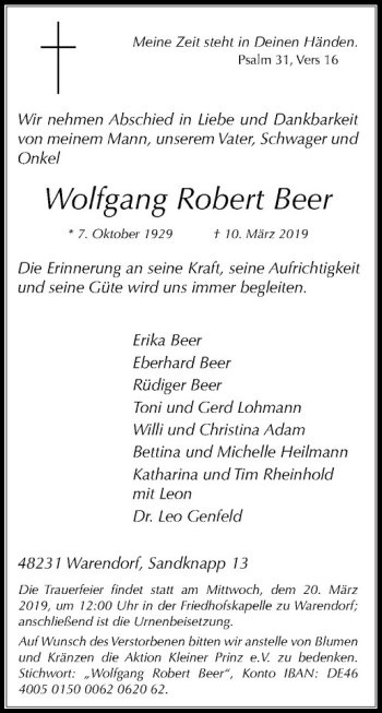 Anzeige von Wolfgang Robert Beer von Westfälische Nachrichten
