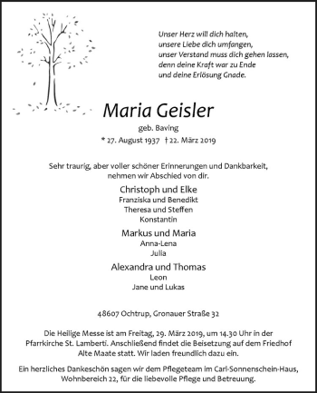 Anzeige von Maria Geisler von Westfälische Nachrichten