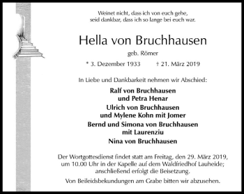 Anzeige von Hella von Bruchhausen von Westfälische Nachrichten