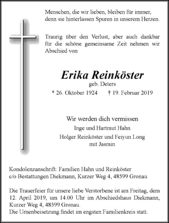 Anzeige von Erika Reinköster von Westfälische Nachrichten