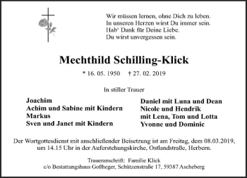Anzeige von Mechthild Schilling-Klick von Westfälische Nachrichten