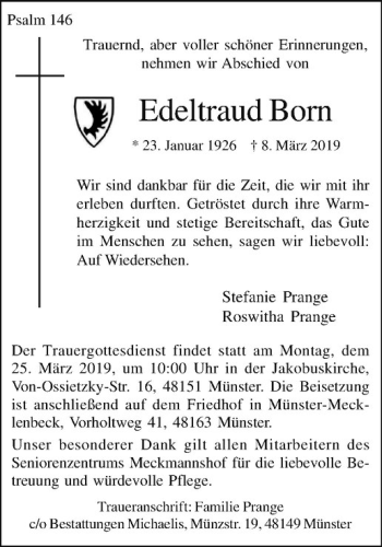 Anzeige von Edeltraud Born von Westfälische Nachrichten