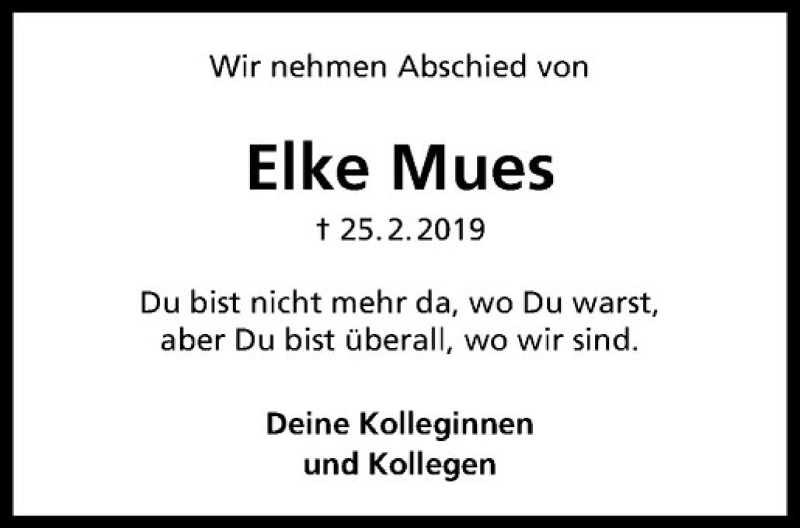  Traueranzeige für Elke Mues vom 16.03.2019 aus Westfälische Nachrichten