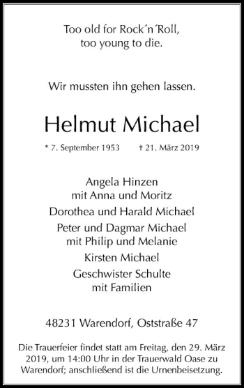 Anzeige von Helmut Michael von Westfälische Nachrichten