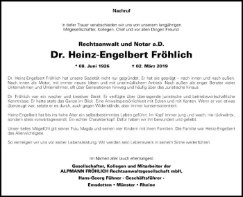 Anzeige von Heinz-Engelbert Fröhlich von Westfälische Nachrichten