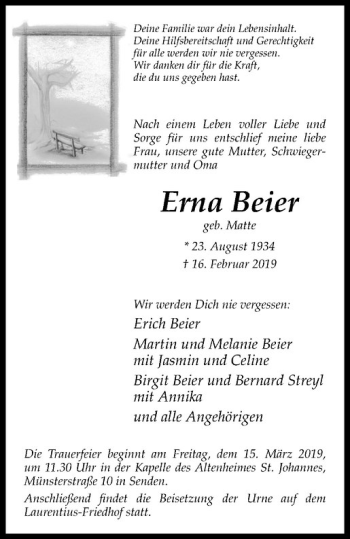 Anzeige von Erna Beier von Westfälische Nachrichten
