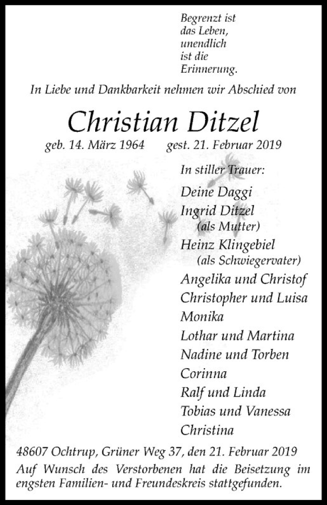  Traueranzeige für Christian Ditzel vom 01.03.2019 aus Westfälische Nachrichten