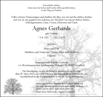 Anzeige von Agnes Gerhards von Westfälische Nachrichten