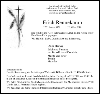 Anzeige von Erich Rennekamp von Westfälische Nachrichten
