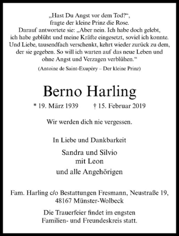 Anzeige von Berno Harling von Westfälische Nachrichten