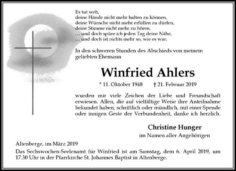  Traueranzeige für Winfried Ahlers vom 30.03.2019 aus Westfälische Nachrichten