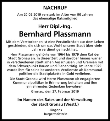 Anzeige von Bernhard Plassmann von Westfälische Nachrichten