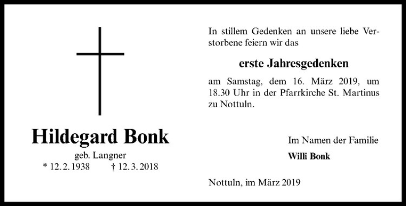  Traueranzeige für Hildegard Bonk vom 09.03.2019 aus Westfälische Nachrichten