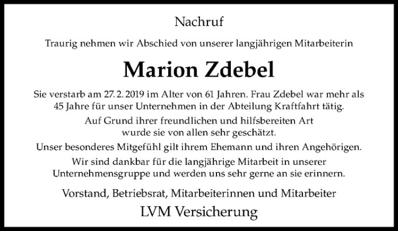  Traueranzeige für Marion Zdebel vom 09.03.2019 aus Westfälische Nachrichten