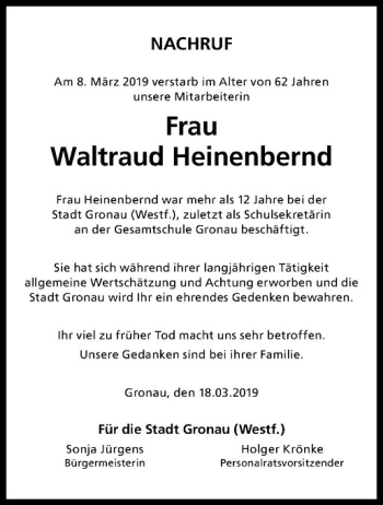 Anzeige von Waltraud Heinenbernd von Westfälische Nachrichten