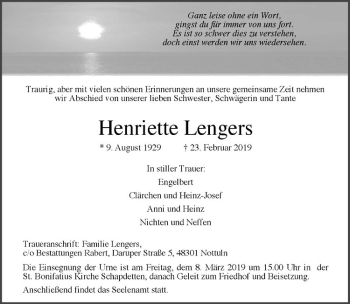 Anzeige von Henriette Lengers von Westfälische Nachrichten