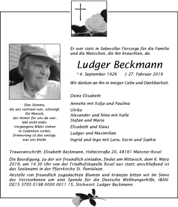 Anzeige von Ludger Beckmann von Westfälische Nachrichten
