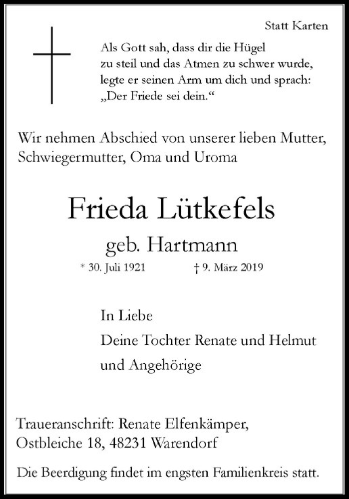  Traueranzeige für Frieda Lütkefels vom 20.03.2019 aus Westfälische Nachrichten