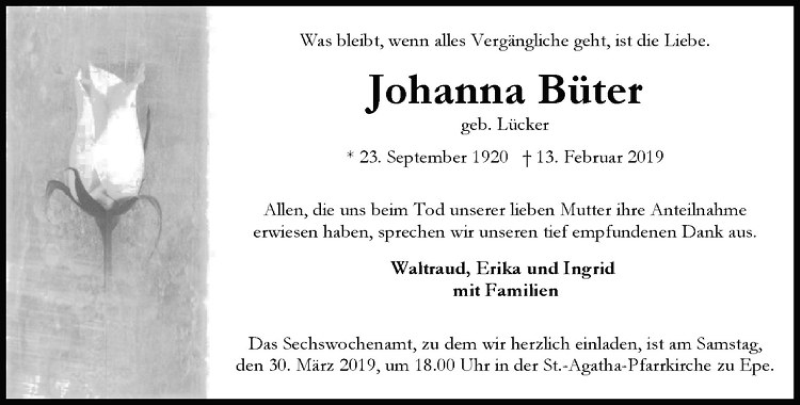  Traueranzeige für Johanna Büter vom 26.03.2019 aus Westfälische Nachrichten