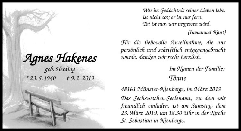  Traueranzeige für Agnes Hakenes vom 16.03.2019 aus Westfälische Nachrichten