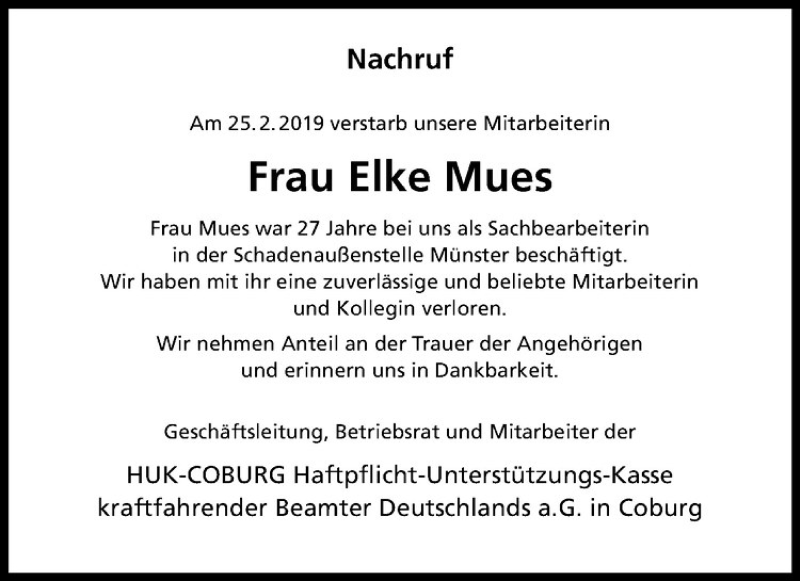  Traueranzeige für Elke Mues vom 23.03.2019 aus Westfälische Nachrichten
