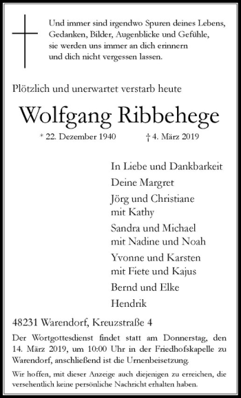 Anzeige von Wolfgang Ribbehege von Westfälische Nachrichten