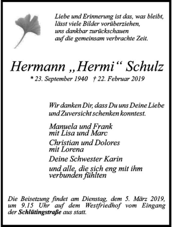 Anzeige von Hermann Schulz von Westfälische Nachrichten