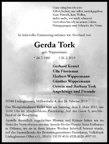 Anzeige von Gerda Tork von Westfälische Nachrichten