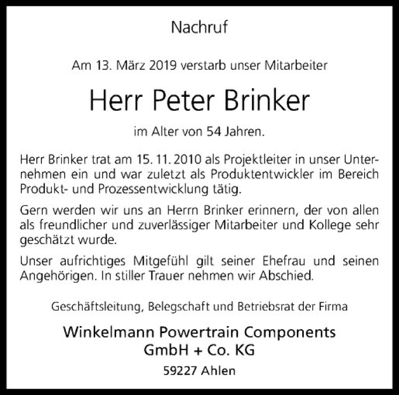  Traueranzeige für Peter Brinker vom 23.03.2019 aus Westfälische Nachrichten