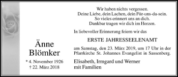 Anzeige von Änne Blömker von Westfälische Nachrichten