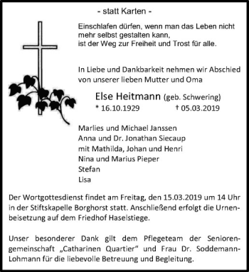 Anzeige von Else Heitmann von Westfälische Nachrichten