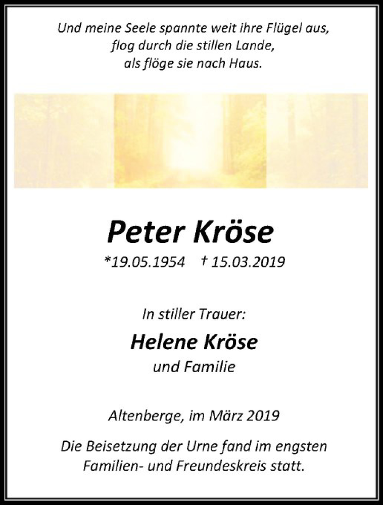  Traueranzeige für Peter Kröse vom 30.03.2019 aus Westfälische Nachrichten