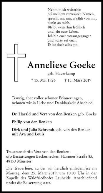 Anzeige von Theodor Goeke von Westfälische Nachrichten