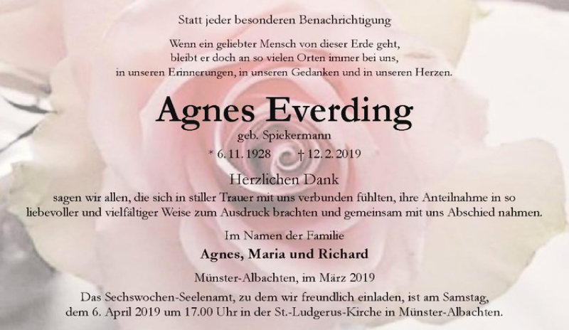  Traueranzeige für Agnes Everding vom 30.03.2019 aus Westfälische Nachrichten