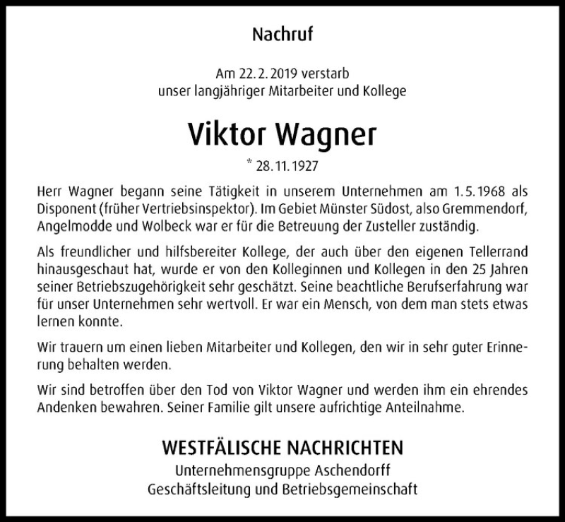  Traueranzeige für Viktor Wagner vom 18.03.2019 aus Westfälische Nachrichten