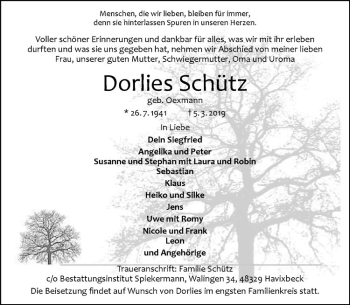 Anzeige von Dorlies Schütz von Westfälische Nachrichten