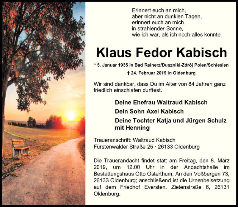  Traueranzeige für Klaus Fedor Kabisch vom 02.03.2019 aus Westfälische Nachrichten
