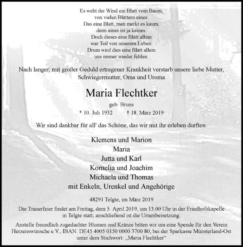  Traueranzeige für Maria Flechtker vom 23.03.2019 aus Westfälische Nachrichten