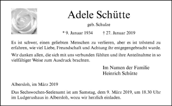 Anzeige von Adele Schütte von Westfälische Nachrichten