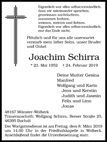 Anzeige von Joachim Schirra von Westfälische Nachrichten