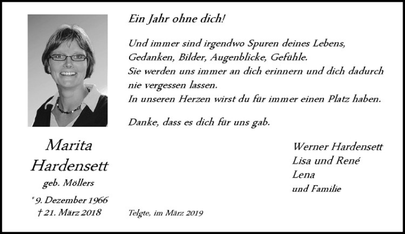  Traueranzeige für Marita Hardensett vom 30.03.2019 aus Westfälische Nachrichten