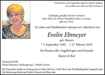 Anzeige von Evelin Ebmeyer von Westfälische Nachrichten